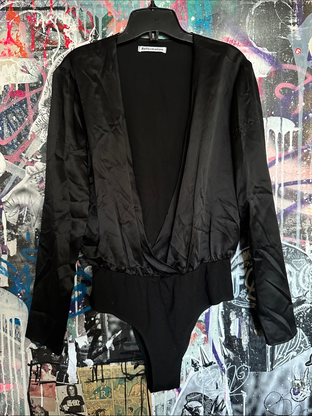 REFORMATION Black Satin Deep-V Long Sleeve Bodysuit M